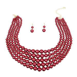 Burgundy Multi Strand Pearl Necklace Set