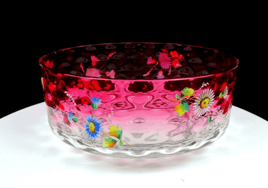 EAPG Cranberry and Clear Enamel Floral Coin Spot Optic 8 1/2