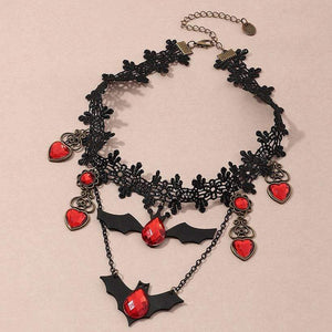Nihao Spooky Halloween Lace Bat Necklace - Blood Sucking Vampire Themed