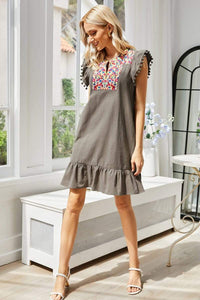 Trendsi Graphic Embroidered Ruffle Hem Dress
