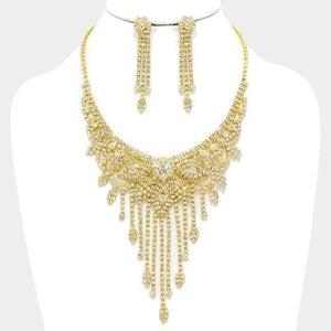 We Sell Fashion Necklaces Crystal Rhinestone Clear/Gold Petal Fringe Bib Evening Necklace with Matching Earrings