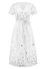 Sequin Leaf Embroidery Tie Front Short Sleeve Dress