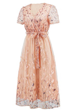 Sequin Leaf Embroidery Tie Front Short Sleeve Dress