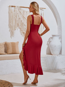 Ruffled V-Neck Wide Strap Midi Dress