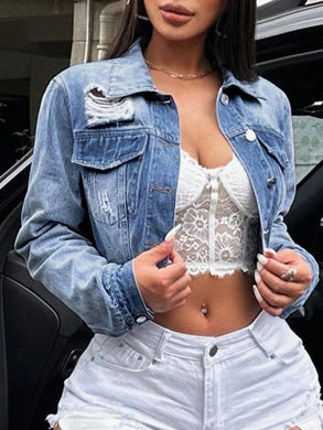 Distressed Button Up Collared Neck Denim Top