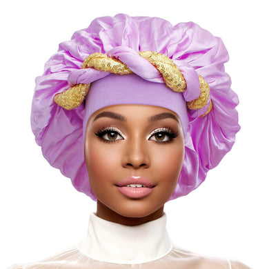 Bonnet Purple Gold Satin Wide Edge Twist Women