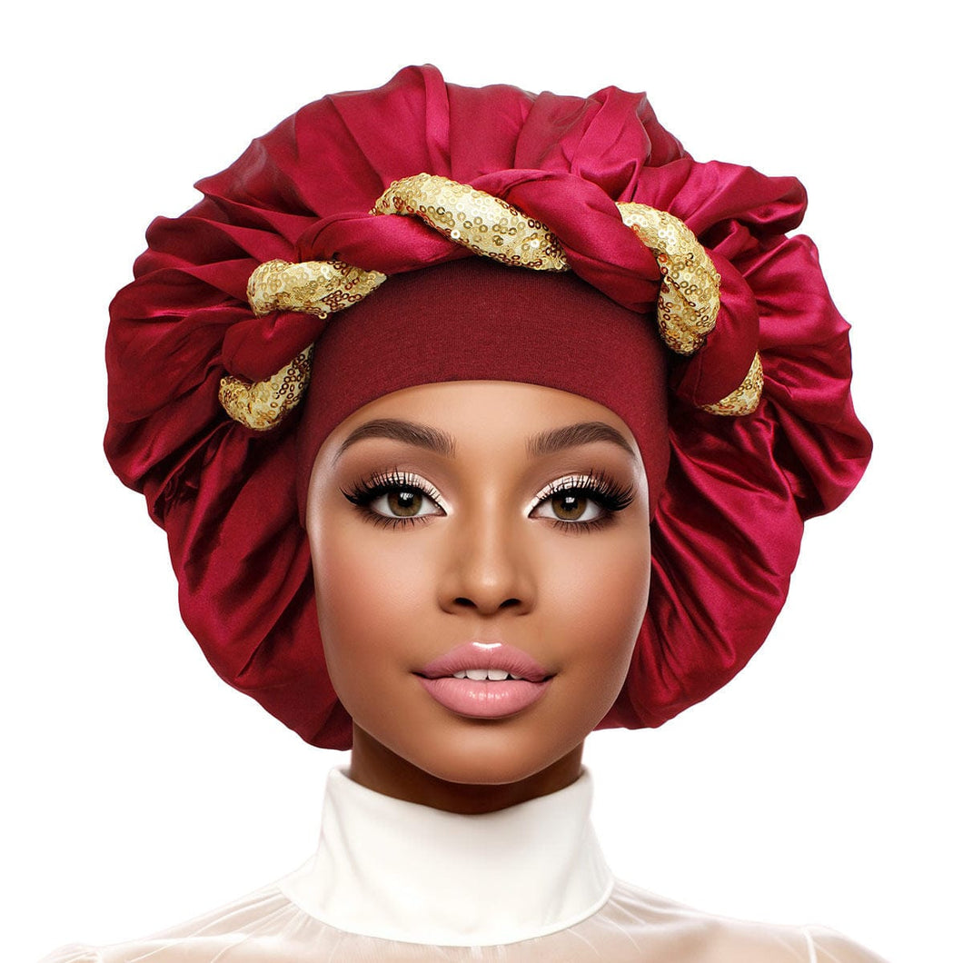 Bonnet Wine Gold Satin Wide Edge Twist Women