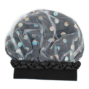 Double Layer Women Bonnet Black Satin Wide Edge 