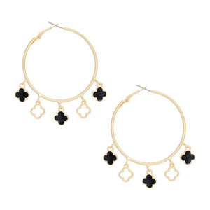 Gold Black Clover Dangle Charms Hoops Earrings