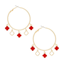 Gold Red Clover Dangle Charms Hoops Earrings Women