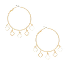 Gold White Clover Dangle Charms Hoops Earrings