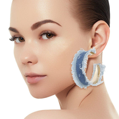 Hoops Distressed Blue Denim Fringe Earrings Women