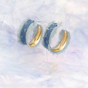 Hoops Distressed Blue Denim Fringe Women Earrings 