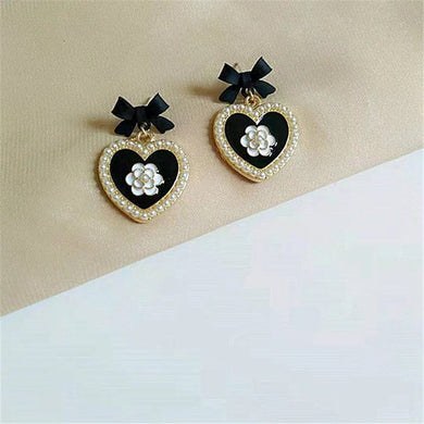 Blossoming Elegance: Flower Earrings with Black Bows - One of a Kind Fashion Accessory