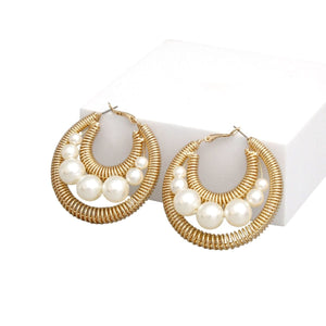 Pearl Hoops Earrings Gold Double Coiled Wire 