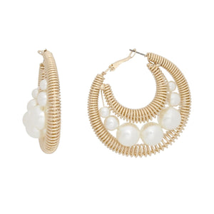 Pearl  Hoops Gold Double Coiled Wire Earrings