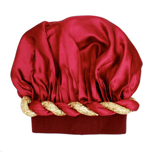 Wine Gold Satin Wide Edge Twist Women Bonnet 