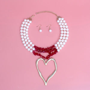 Layered Pearl Red Bead Gold Heart Pendant Necklace