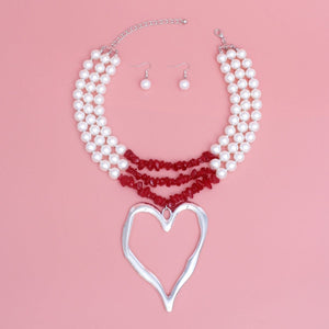 Layered Pearl Red Bead Silver Heart Pendant Set