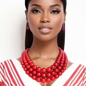 Pearl Necklace Red 3 Layer Set for Women