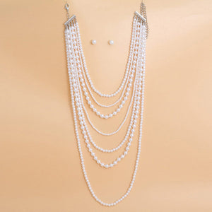 Pearl Necklace White 7 Strand Long Set for Women