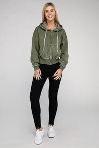 Acid Wash Fleece Cropped Zip-Up Hoodie