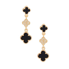 Dangle Gold Black Quatrefoil Rhinestone Earrings