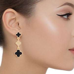 Dangle Gold Black Quatrefoil Rhinestone Earrings