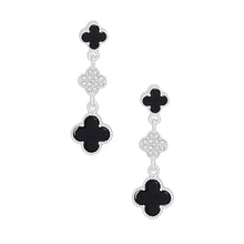 Dangle Silver Black Quatrefoil Rhinestone Earrings