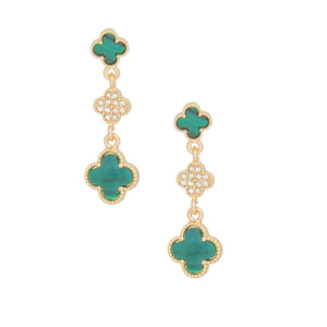 Dangle Gold Green Quatrefoil Rhinestone Earrings