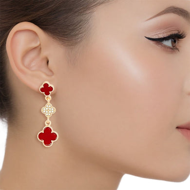 Dangle Gold Red Quatrefoil Rhinestone Earrings