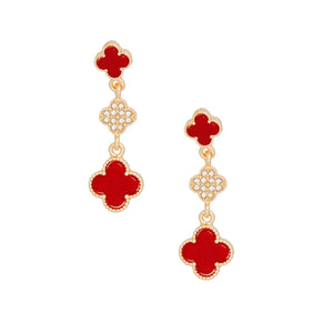 Dangle Gold Red Quatrefoil Rhinestone Earrings