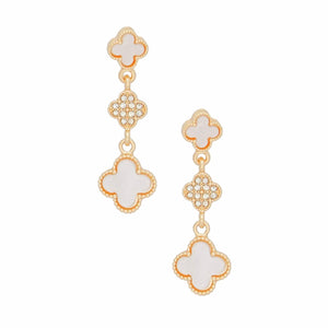 Dangle Gold White Quatrefoil Rhinestone Earrings