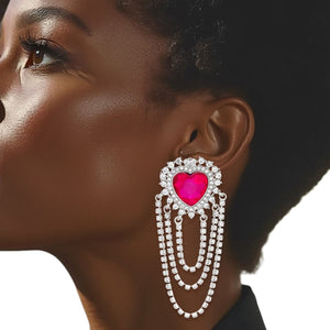 Dangle Fuchsia Crystal Heart Cascade Earrings