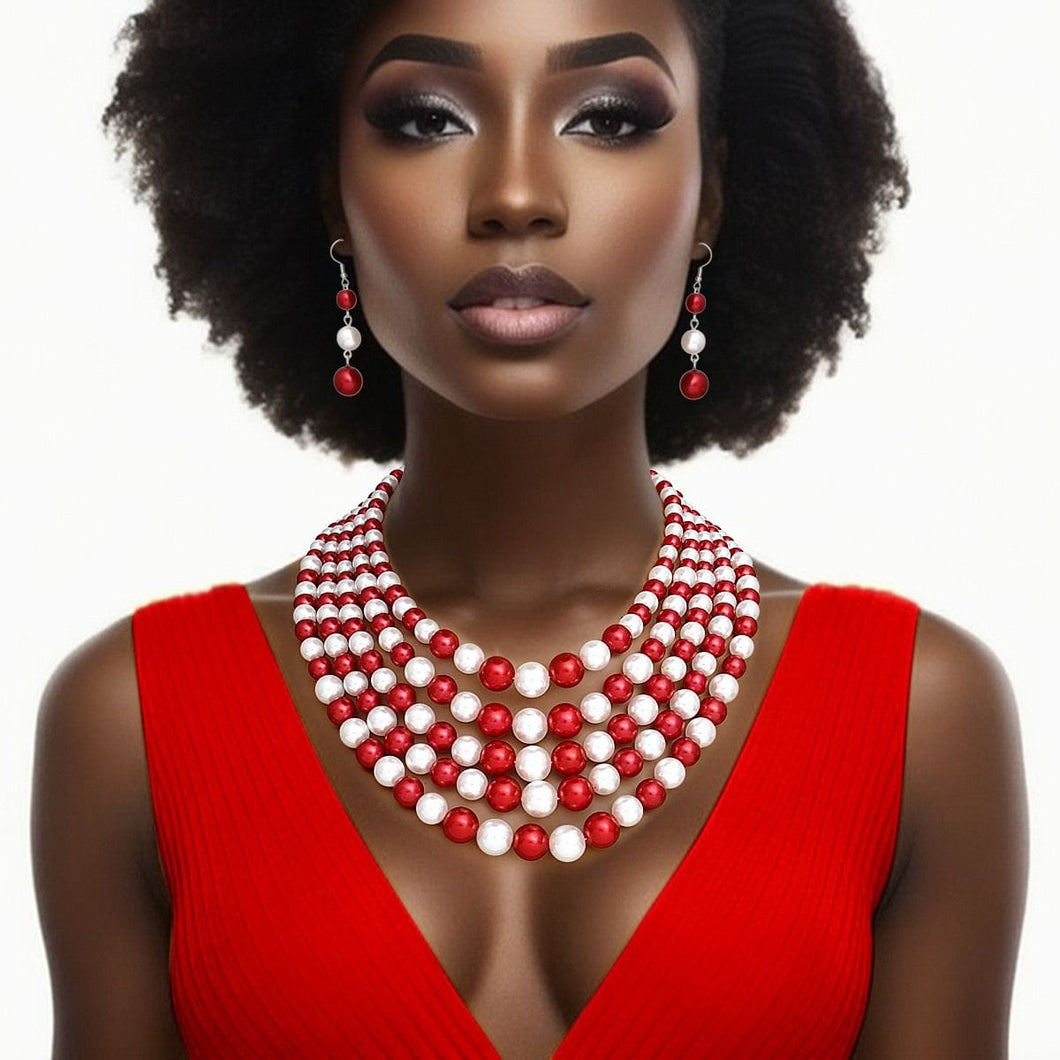 DST Alternating Red White Pearl 5 Strand Necklace