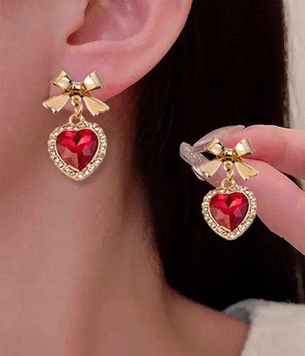 Charming Rhinestone Heart and Gold Bow Earrings - A Touch of Elegance