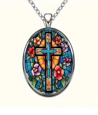 Radiant Stained Glass Inspired Cross Pendant Necklace - A Blend of Art and Elegance