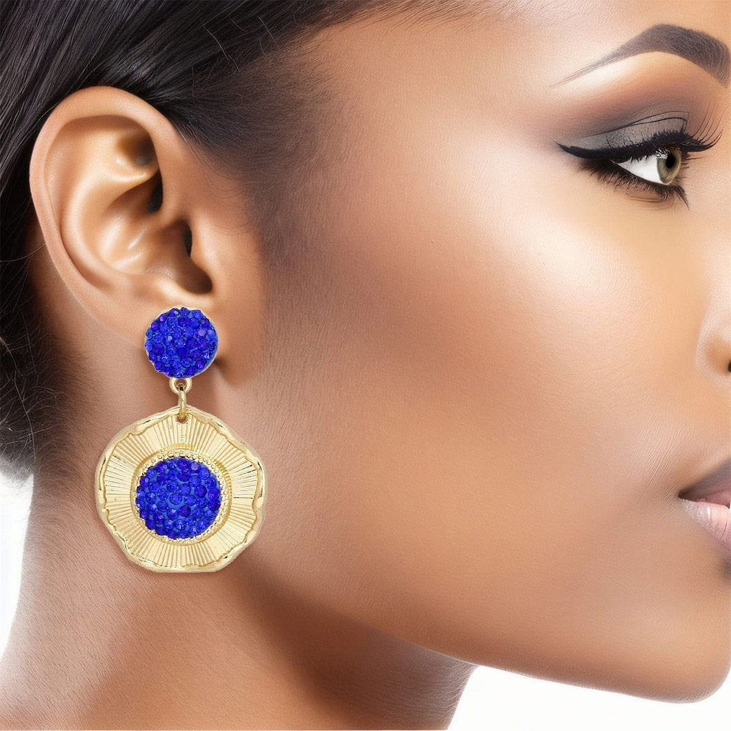 Drop Glam Royal Blue Stone Gold Round Earrings