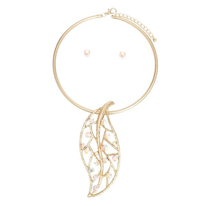 Necklace Gold Aurbo Stone Leaf Pendant Set Women