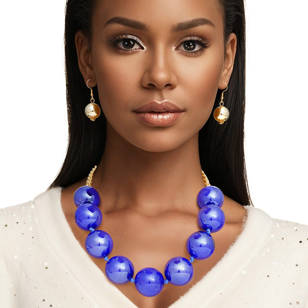 Necklace Royal Blue Marble Jumbo Ball Bead Set