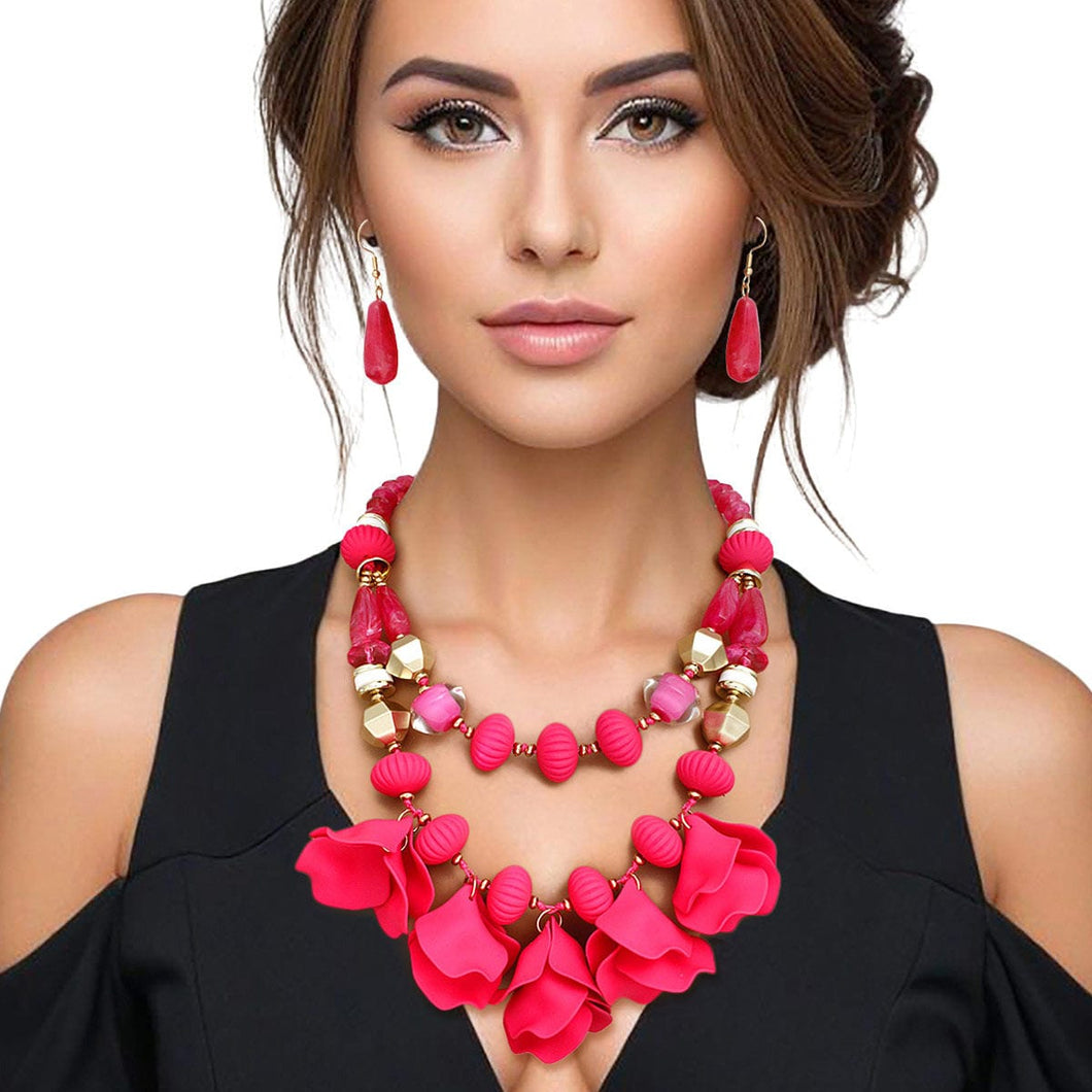 Beaded Necklace Fuchsia Petals Layered Set Women