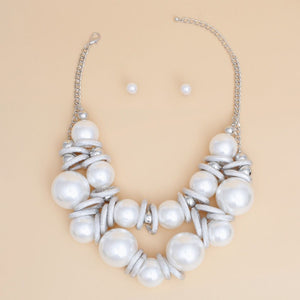 Necklace Jumbo White Pearl Silver Link Bib Set