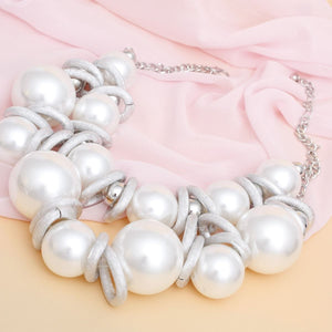 Necklace Jumbo White Pearl Silver Link Bib Set