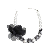 Graduated Pearl Black Fabric Flower Woven Necklace