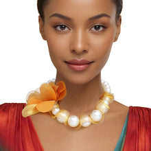 Graduated Pearl Brown Fabric Flower Woven Necklace