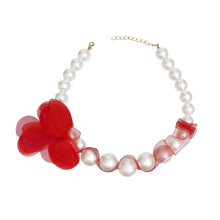 Graduated Pearl Red Fabric Flower Woven Necklace