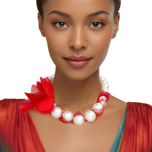 Graduated Pearl Red Fabric Flower Woven Necklace