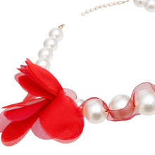 Graduated Pearl Red Fabric Flower Woven Necklace