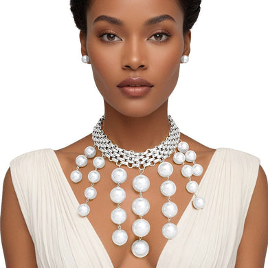 Choker Modernist Silver Woven Chain Pearl Drop Set