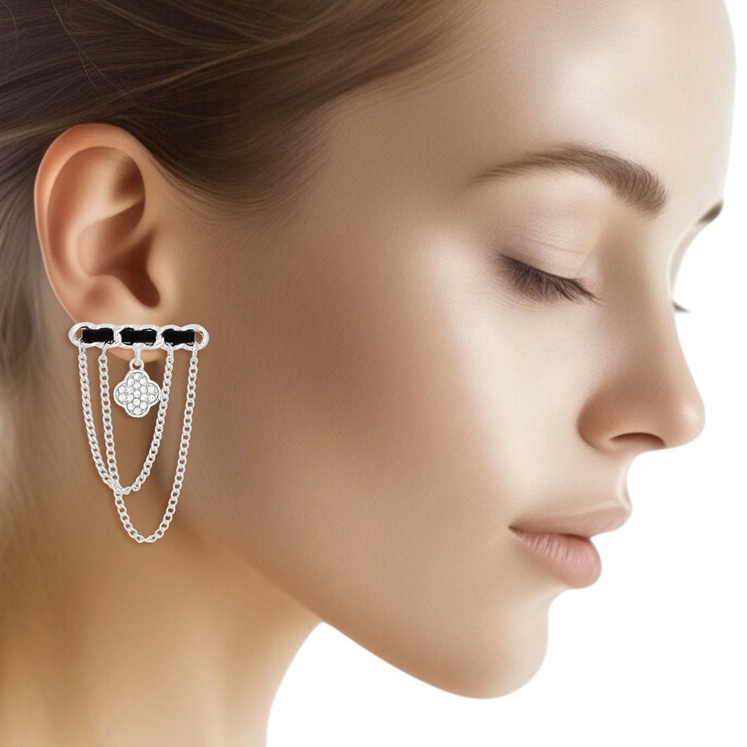 Studs Silver Woven Drape Chain Clover Earrings